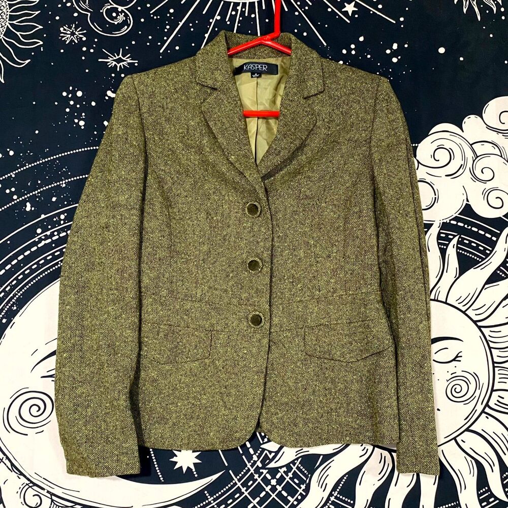 Kasper Blazer Jacket Women's 4 Green Wool Tweed 3-Button Business Preppy Career - Picture 1 of 10